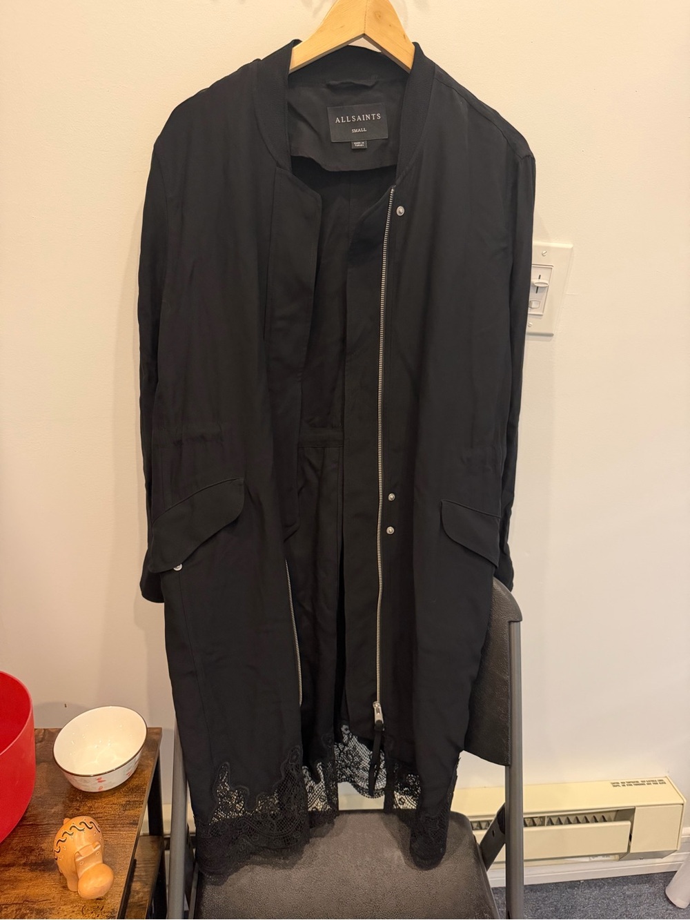 AllSaints Black Trench Coat with Lace Hem